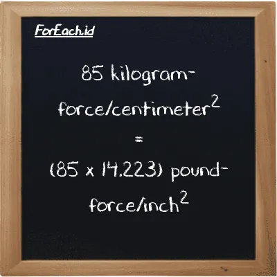How to convert kilogram-force/centimeter<sup>2</sup> to pound-force/inch<sup>2</sup>: 85 kilogram-force/centimeter<sup>2</sup> (kgf/cm<sup>2</sup>) is equivalent to 85 times 14.223 pound-force/inch<sup>2</sup> (lbf/in<sup>2</sup>)